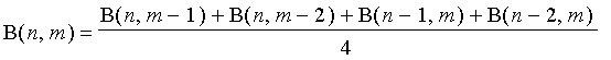 B(n,m) = (B(n,m-1)+B(n,m-2)+B(n-1,m)+B(n-2,m))/4